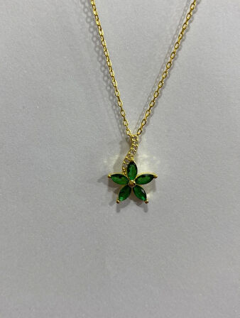 Beştaşlı Yeşil Taşlı Altın Kaplama Gümüş Şans Kolyesi