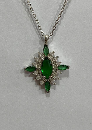 Beştaşlı Yeşil Taşlı Rodyum Gümüş Şans Kolyesi