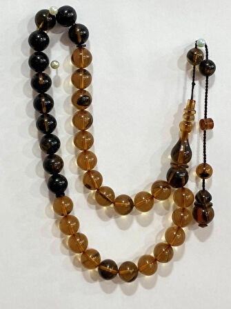 Ateş Kehribar Siyah Damarlı Bal Rengi Yuvarlak Modeli Usta İşçilik Tespih