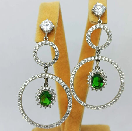 Orijinal Yeşil Ve Beyaz Zirkon Taşlı Gümüş Kadın Küpe