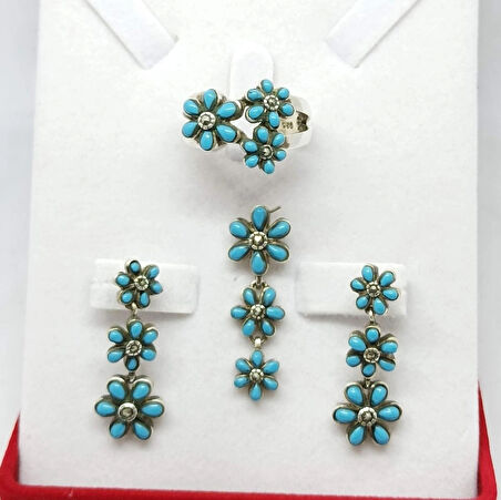 Papatya Modeli Turkuaz Taşlı Gümüş Set & Takım