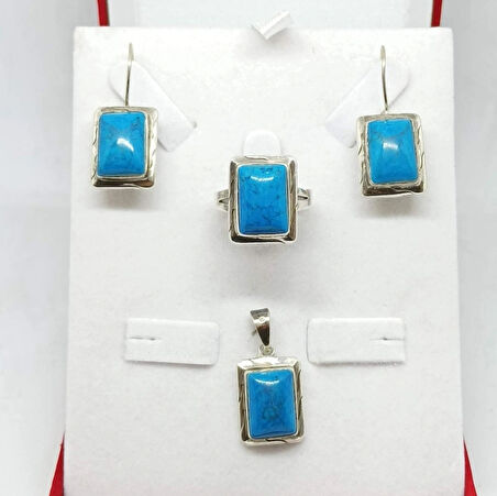 Dik Dörtgen Arizona Turkuazı Üçlü Gümüş Set & Takım