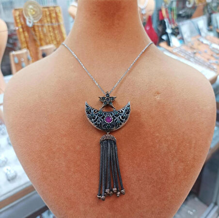 Ay Yıldız Yakut Taşlı Gümüş Kadın Kolye