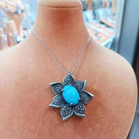 Orijinal Firuze Ve Markazit Taşlı Gümüş Kadın Kolye