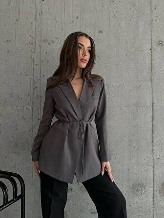 Kadın Antrasit Bel Bağlamalı Blazer Ceket