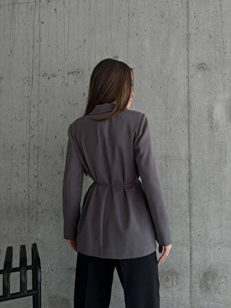 Kadın Antrasit Bel Bağlamalı Blazer Ceket