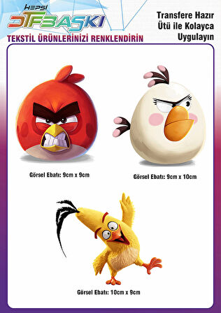 Angry Birds 3 Adet Ütü ile Yapışan Tekstil DTF Baskı