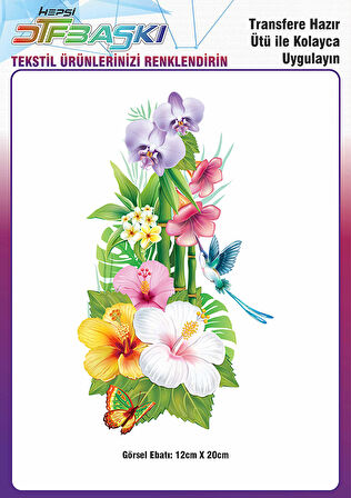 Renkli Çiçekler Ütü ile Yapışan Tekstil DTF Baskı