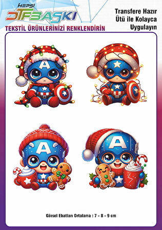 Kaptan Amerika Yılbaşı Noel Ütü ile Yapışan Tişört Tekstil Transfer Dtf Baskı