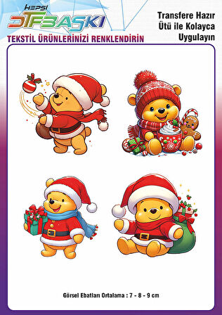 Winnie Yılbaşı Noel Ütü ile Yapışan Tişört Tekstil Transfer Dtf Baskı