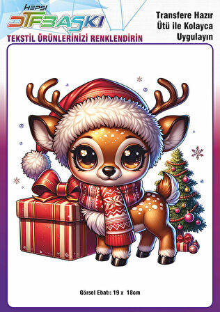Sevimli Geyik Yılbaşı Noel Ütü ile Yapışan Tişört Tekstil Transfer Dtf Baskı