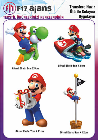 Ütü ile Yapışan Tekstil DTF Transfer Baskı Süper Mario 4'lü Set