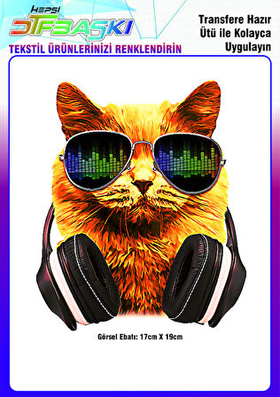Gözlüklü Kedi Ütü ile Yapışan Tekstil DTF Baskı