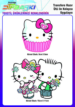 Hello Kitty 2 Adet Ütü ile Yapışan Tekstil DTF Baskı