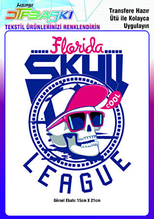 Florida Skull League Kuru Kafa Ütü ile Yapışan Tekstil DTF Baskı