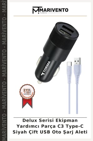 Delux Serisi Ekipman Yardımcı Parça C3 Type-C Siyah Çift USB Oto Şarj Aleti