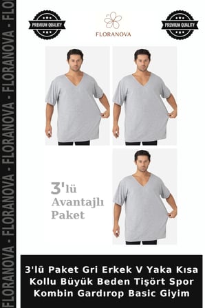 3'lü Paket Gri Erkek V Yaka Kısa Kollu Büyük Beden Tişört Spor Kombin Gardırop Basic Giyim