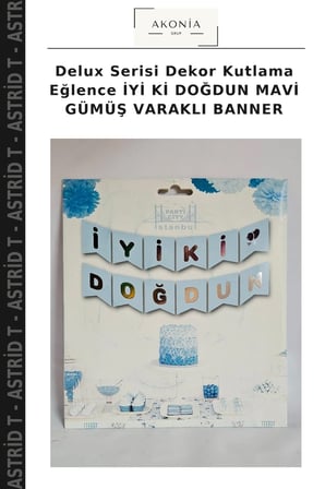 Delux Serisi Dekor Kutlama Eğlence İYİ Kİ DOĞDUN MAVİ GÜMÜŞ VARAKLI BANNER