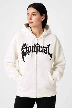 Oversize Kapüşonlu Sweatshirt Hoodie  İplik Şardonlu Pamuklu Kumaş, Önü Baskılı, Fermuarlı Rahat Kalıp, Kışlık Ve Sokak Stili Sweat - Beyaz