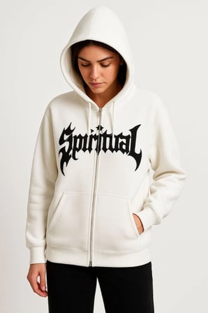 Oversize Kapüşonlu Sweatshirt Hoodie  İplik Şardonlu Pamuklu Kumaş, Önü Baskılı, Fermuarlı Rahat Kalıp, Kışlık Ve Sokak Stili Sweat - Beyaz