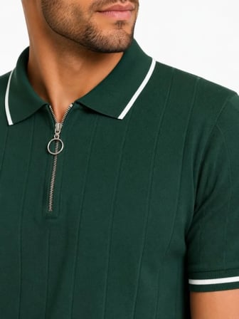 Erkek Fitilli Triko T-shirt Polo Yaka Yarım Fermuarlı Kısa Kollu Tişört - Yeşil