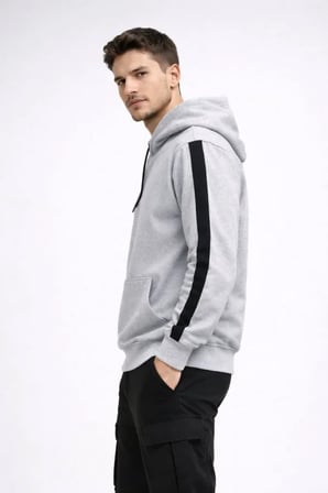 Erkek Şeritli Kapüşonlu Sweatshirt Oversize  Iplik Pamuklu - Beyaz