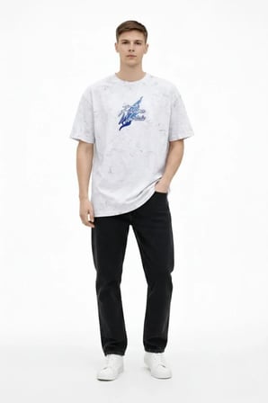 Erkek Asit Yıkamalı Oversize Tişört Future Worlds Baskılı Bisiklet Yaka Kısa Kollu Streetwear % Pamuk Street Style T-Shirt - Beyaz