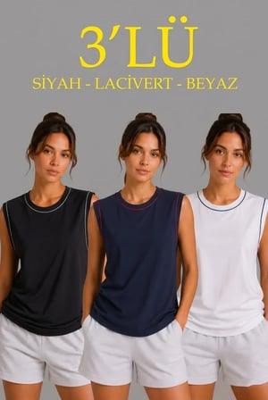 3’lü Kolsuz Sporcu Atlet Seti Yazlık Bisiklet Yaka - Siyah, Lacivert, Beyaz