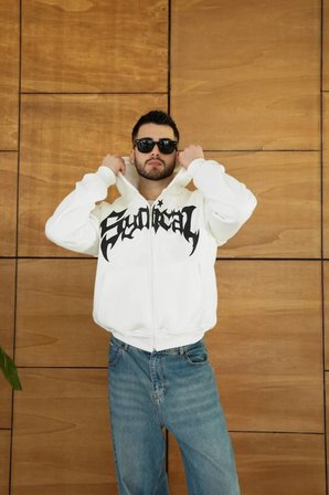 Erkek Kapüşonlu Sweatshirt Hoodie  İplik Şardonlu Pamuklu Kumaş, Önü Baskılı, Fermuarlı Rahat Kalıp, Kışlık Ve Sokak Stili Sweat - Beyaz