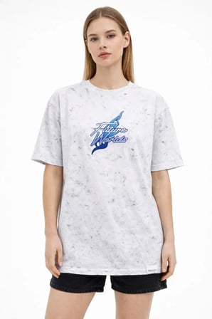 Asit Yıkamalı Oversize Tişört Future Worlds Baskılı Bisiklet Yaka Kısa Kollu Streetwear % Pamuk Street Style T-Shirt - Beyaz