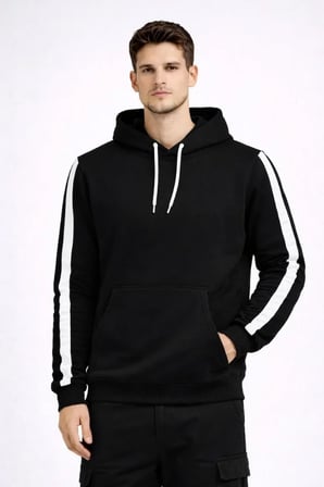 Erkek Şeritli Kapüşonlu Sweatshirt Oversize  Iplik Pamuklu - Siyah