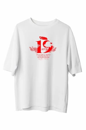 Marsilyan 19 Mayıs Atatürk Temalı Bisiklet Yaka T-shirt Beyaz XL %100 Pamuk Oversize Fit