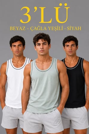 Erkek 3’lü Kolsuz Sporcu Atlet Seti Yazlık Bisiklet Yakalı - Mint Yeşili, Siyah, Beyaz