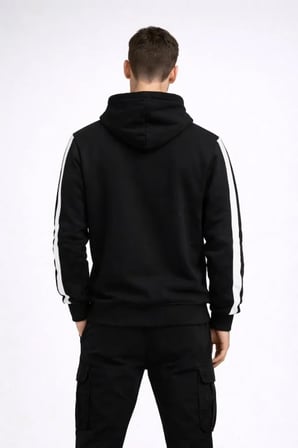 Erkek Şeritli Kapüşonlu Sweatshirt Oversize  Iplik Pamuklu - Siyah