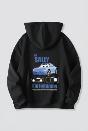 Marsilyan Kadın Sweatshirt Siyah Kapüşonlu Oversize Araba Temalı Balon Kol