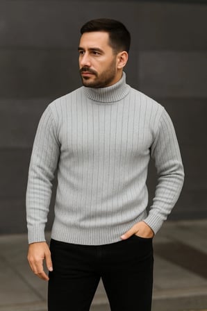Erkek Balıkcı Yaka Bağazlı Triko Kazak Pamuklu Kalın Fitilli Dokuma, Regular Fit Uzun Kollu Kışlık Model - Gri