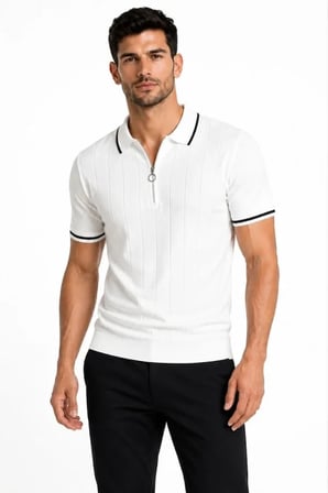 Erkek Fitilli Triko T-shirt Polo Yaka Yarım Fermuarlı Kısa Kollu Tişört - Beyaz
