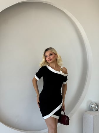 Marsilyan Kadın Günlük Elbise Kısa Kol Asimetrik Kesim Şeritli Modal Siyah - Beyaz