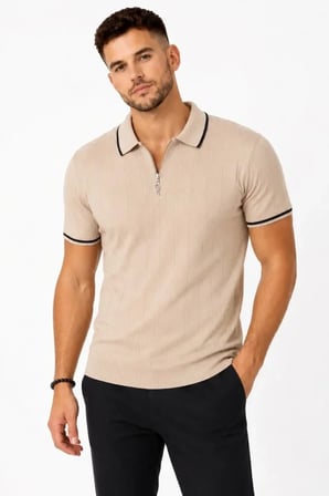 Erkek Fitilli Triko T-shirt Polo Yaka Yarım Fermuarlı Kısa Kollu Tişört - Bej