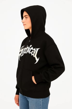 Oversize Kapüşonlu Sweatshirt  Hoodie  İplik Şardonlu Pamuklu Kumaş, Önü Baskılı, Fermuarlı Rahat Kalıp, Kışlık Ve Sokak Stili Sweat - Siyah