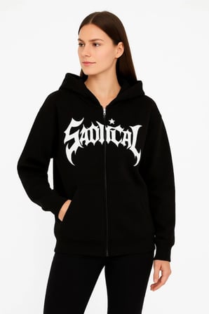 Oversize Kapüşonlu Sweatshirt  Hoodie  İplik Şardonlu Pamuklu Kumaş, Önü Baskılı, Fermuarlı Rahat Kalıp, Kışlık Ve Sokak Stili Sweat - Siyah