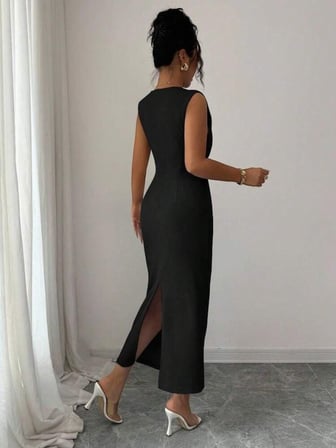 Marsilyan Krep Elbise Siyah Diz Boyu Mevsimlik