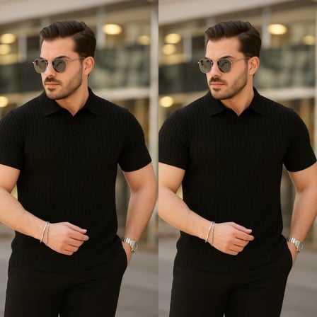 Marsilyan Erkek Siyah Triko Kazak Kısa Kol Polo Yaka Çizgili Regular Fit
