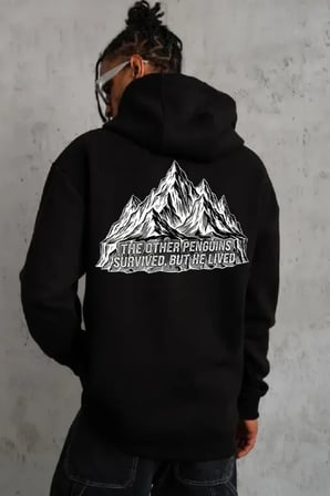 Erkek Nihilist Penguen Temalı Oversize Kapüşonlu Sweatshirt - Siyah