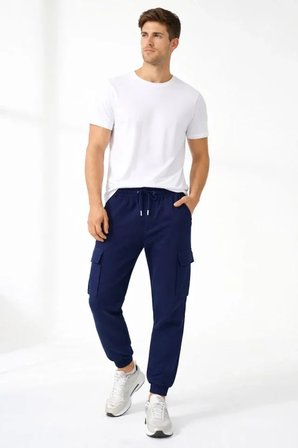 Erkek Jogger Eşofman Altı Regular Fit , Kargo Cepli, Lastikli Paça, Günlük Spor Pantolon - Lacivert