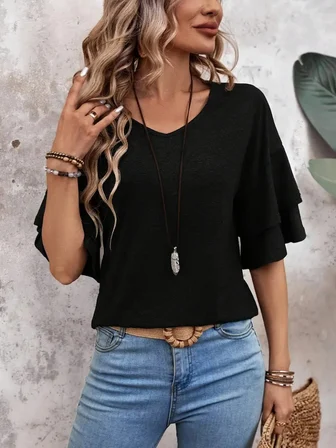 Marsilyan Kadın Bluz Siyah Viskon Klasik Kısa Kol V Yaka 2XL - 3XL