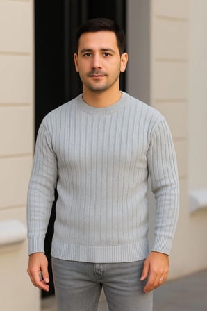 Erkek Bisiklet Yuvarlak Yaka Triko Kazak Pamuklu Kalın Fitilli Dokuma, Regular Fit Uzun Kollu Kışlık Model - Gri
