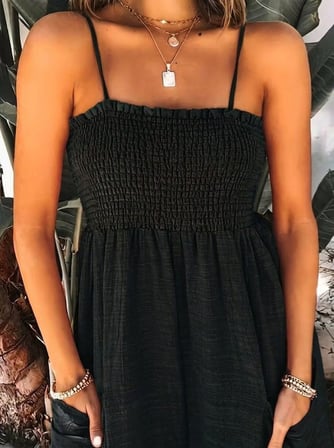 Kadın Ip Askılı Göğsü Lastik Detaylı Cepli Uzun Sofya Tulum