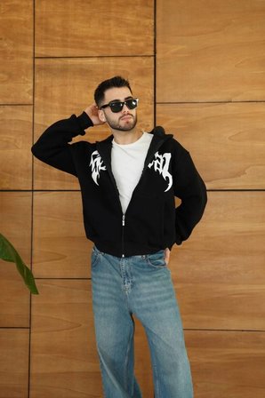 Erkek Kapüşonlu Sweatshirt  Hoodie  İplik Şardonlu Pamuklu Kumaş, Önü Baskılı, Fermuarlı Rahat Kalıp, Kışlık Ve Sokak Stili Sweat - Siyah