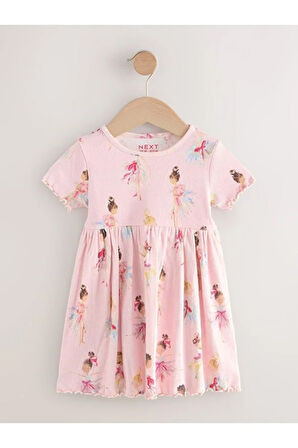 % 100 Pamuklu Pembe Balerin Desenli Kısa Kollu Elbise